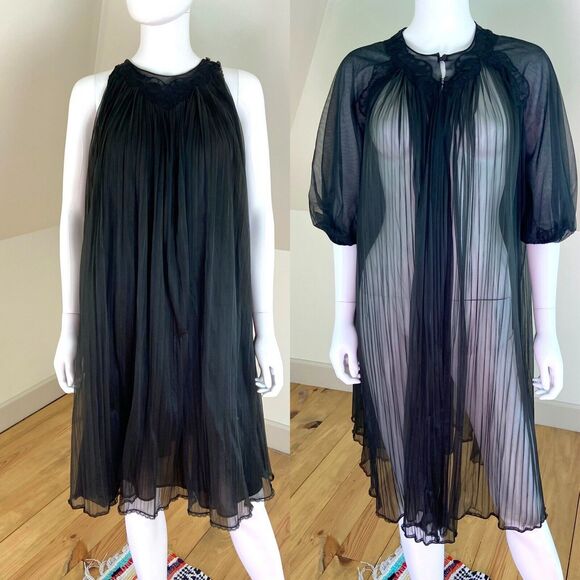 Rogers Other - Vintage 60s Black Pleat Pleated Peignoir Set Nightgown Robe Rogers (Formfit) S